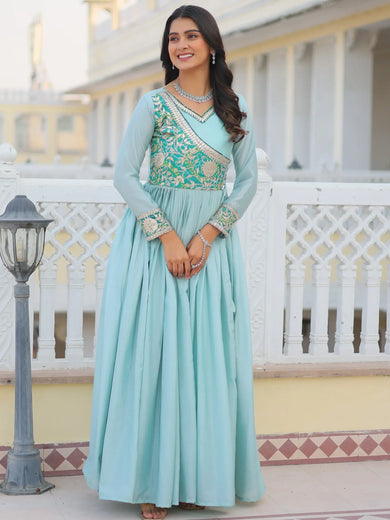 Gorgeous Blue Bandhani Printed Chinon Function Wear Gown